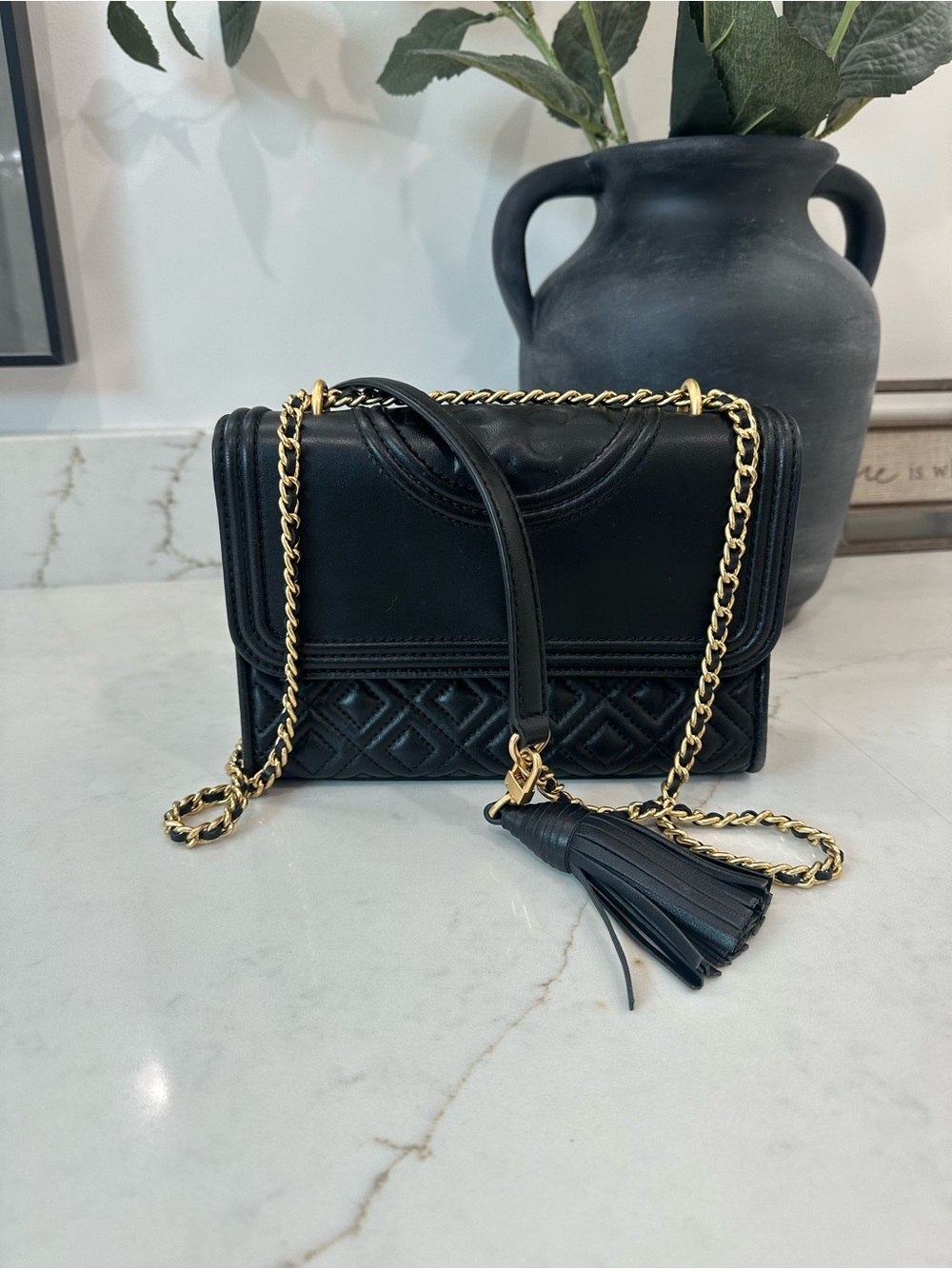 Black Tory Burch Small Fleming Leather Convertible Shoulder Bag